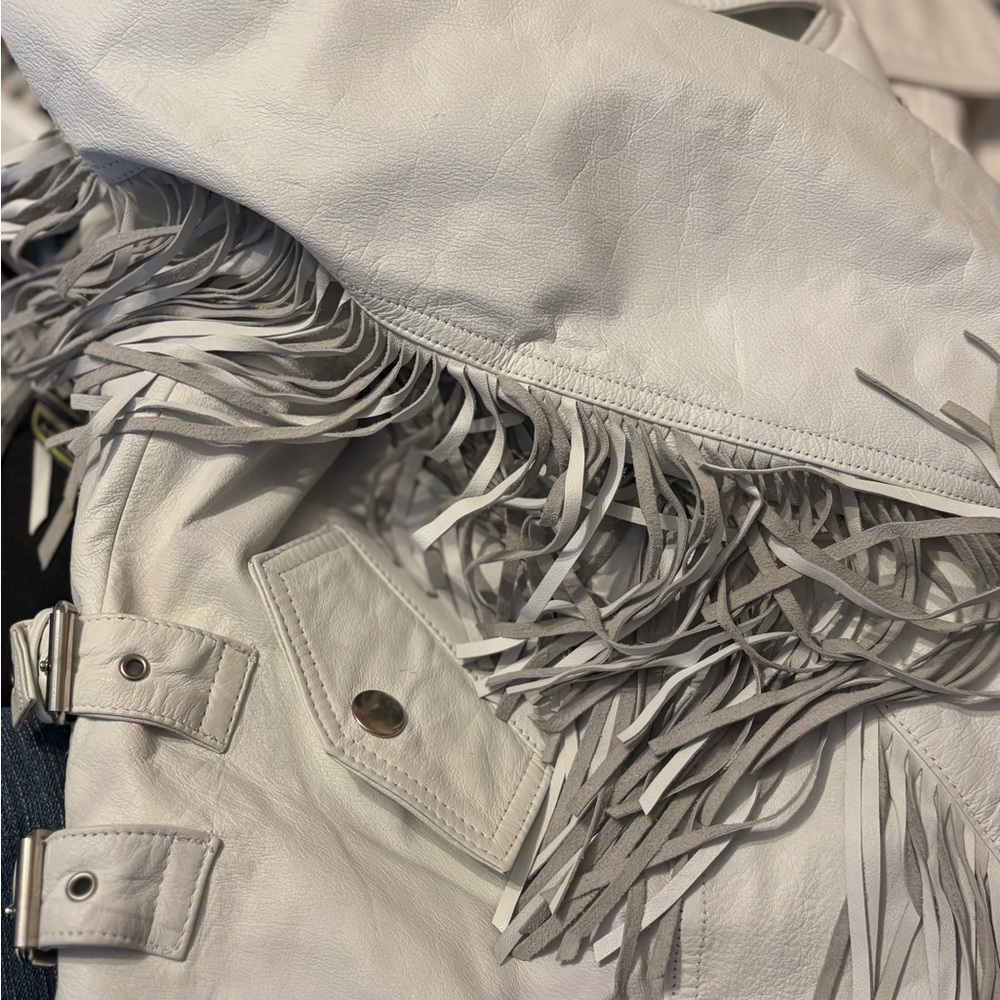 Gray Leather Jacket with Fringe Details